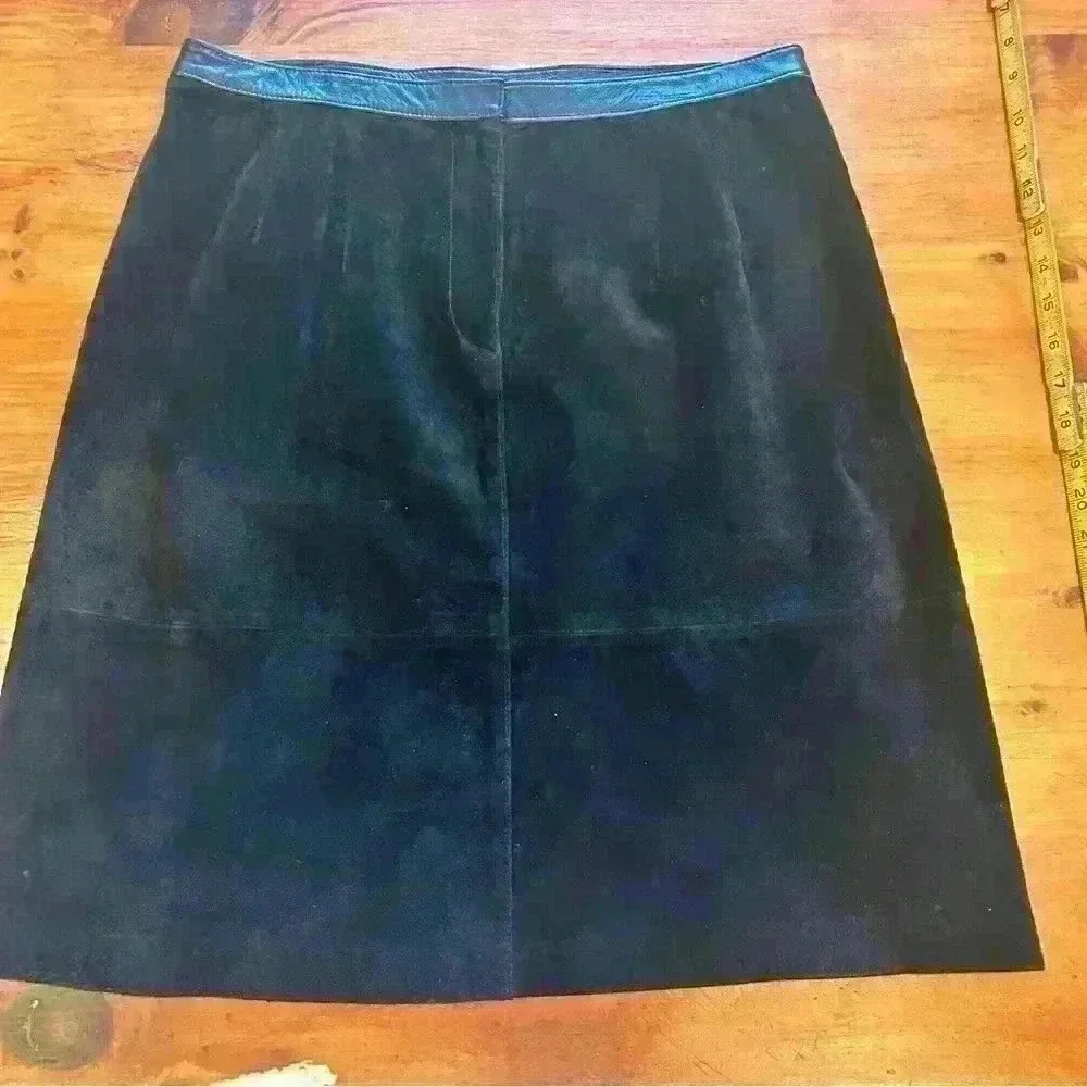 Clothes Revue Vintage Black Suede Leather Skirt Lined Retro 70s Women’s 12